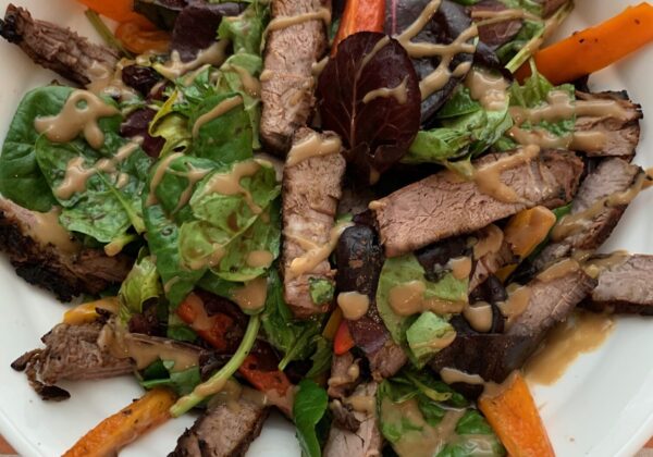 Anita’s Delicious Grilled Steak Spinach Salad with Homemade Soy Ginger Dressing