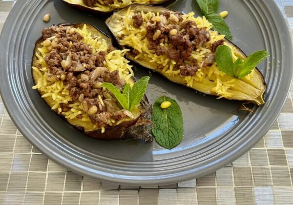 Anita’s Delicious Eggplant Boats filled with Turmeric Rice and Beef with Pine Nuts